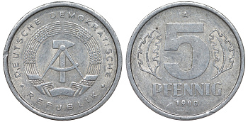 ГДР 5 ПФЕННИГОВ 1980 A KM 9.2 алюминий 62-421