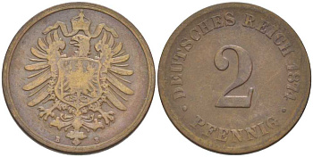 ГЕРМАНИЯ 2 ПФЕННИГА 1874 B, СТАРОГЕРБОВКА KM 2, J. 2, Weege 3 медь 212-455