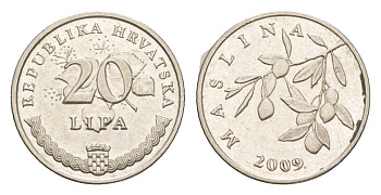 Хорватия 20 липа 2009 нечетный год KM 7 сталь плакированная никелем UNC 4379-352