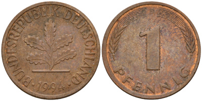 ФРГ 1 пфенниг 1994 D KM 105, J. 380 сталь плакированная медью    4598-712
