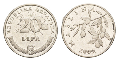 Хорватия 20 липа 2009 нечетный год KM 7 сталь плакированная никелем UNC 4379-352