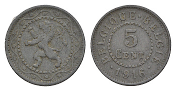Бельгия 5 сантимов 1916 Belgique-Belgie, германская оккупация, I-ая мировая война KM 80 цинк 4615-433