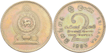 ШРИ-ЛАНКА 2 РУПИИ 1993 KM 145 медно-никель 189-526