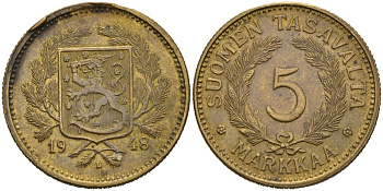 ФИНЛЯНДИЯ 5 МАРОК 1948 L KM 31a латунь 4563-356