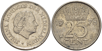 НИДЕРЛАНДЫ 25 ЦЕНТОВ 1978 ЮЛИАНА KM 183 никель 96-713