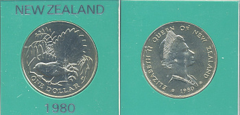Новая Зеландия 1 доллар 1980 веерохвостка на ветке, Елизавета II (1952-2022), в оригинальной пластиковой упаковке KM 49 медно-никель UNC 3-4-9-20