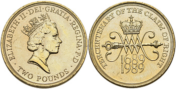 Великобритания 2 фунта 1989 Елизавета II (1952-2022), 300 лет "Биллю о правах" Шотландии KM 961, Spink 4313 (K3) никель латунь UNC 4557-342