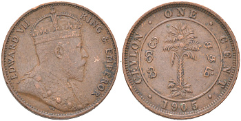 Цейлон 1 цент 1905 KM 102 медь 4621-715