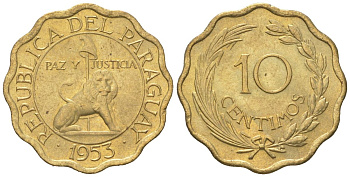 Парагвай 10 сентимо 1953 лев, фригийский колпак на шесте KM 25 никель латунь aUNC 4585-752