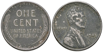 США 1 цент 1943 Авраам Линкольн KM 132 a сталь покрытая цинком 214-665