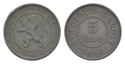 Бельгия 5 сантимов 1916 Belgique-Belgie, германская оккупация, I-ая мировая война KM 80 цинк 4615-433