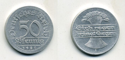 ГЕРМАНИЯ 50 ПФЕННИГОВ 1920 A KM 27, J. 301 алюминий 41-812