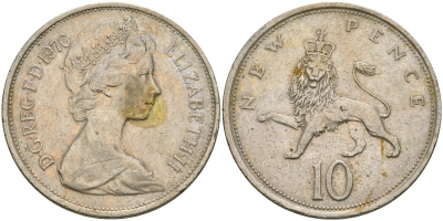 Великобритания 10 пенсов 1976 Елизавета II (1952-2022) KM 912, Spink 4231 (F1) медно-никель  4364-3824