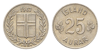 Исландия 25 эйре 1967 KM 11 медно-никель UNC 4690-644