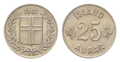 Исландия 25 эйре 1967 KM 11 медно-никель UNC 4690-644