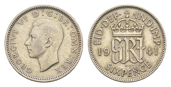 Великобритания 6 пенсов 1941 Георг VI (1936-1952) KM 852, Spink 4084 серебро 4636-233