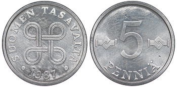 ФИНЛЯНДИЯ 5 ПЕННИ 1987 KM 45а алюминий UNC 3334-1113
