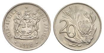 ЮАР 20 центов 1978 герб, цветок протея KM 86 никель 4601-315