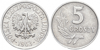 ПОЛЬША 5 ГРОШЕЙ 1963 KM А46 алюминий 100-1048