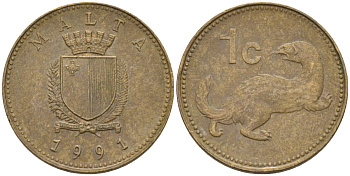 Мальта 1 цент 1991 ласка, горностай KM 93 никель латунь 4585-1164