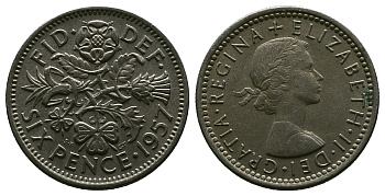 Великобритания 6 пенсов 1957 Елизавета II (1952-2022) KM 903, Spink 4149 медно-никель 4381-658