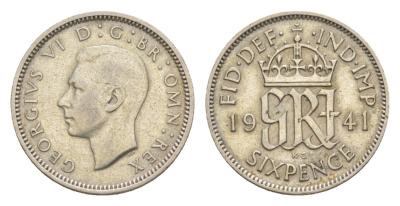 Великобритания 6 пенсов 1941 Георг VI (1936-1952) KM 852, Spink 4084 серебро 4636-233