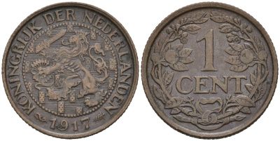 Нидерланды 1 цент 1917 Вильгельмина (1890-1948) KM 152 бронза 4576-721