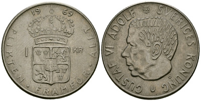 Швеция 1 крона 1969 Густав VI Адольф (1950-1973) KM 826a медь плакированная медно-никелем 4177-1024