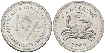 Сомалиленд 10 шиллингов 2006 знаки зодиака - рак KM 12 нержавеющая сталь UNC 4574-926