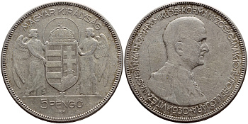 Венгрия 5 пенге 1930 ВР, 10 лет правления адмирала Хорти KM 512.1 серебро 633-812