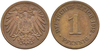 ГЕРМАНИЯ 1 ПФЕННИГ 1912 G KM 10, J. 10, Weege 2 медь 206-414