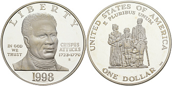 США 1 доллар 1998 S, черные патриоты, Криспус Аттюк, Бостонская резня KM 288 серебро PROOF 1091-7-54