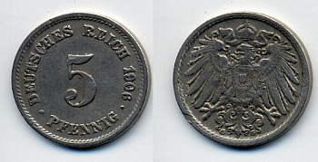 ГЕРМАНИЯ 5 ПФЕННИГОВ 1906 G, KM 11, J. 12 медно-никель 76-114