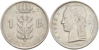 БЕЛЬГИЯ 1 ФРАНК 1952 BELGIQUE KM 142.1 медно-никель 68-625