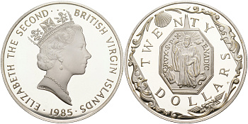 Британские Виргинские острова 20 долларов 1985 латунный медальон KM 61 серебро  PROOF  1095-2-63