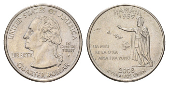 США 25 центов (квотер, 1/4 доллара) 2008 P, Квотер штата Гавайи KM 425 медь плакированный медно-никелем UNC 4629-212