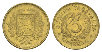 Финляндия 5 марок 1949 KM 31a латунь 4637-435