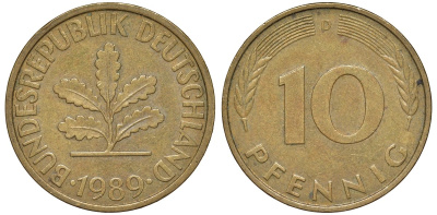 ФРГ 10 пфеннигов 1989 D KM 108, J. 383 сталь плакированная латунью 4132-557