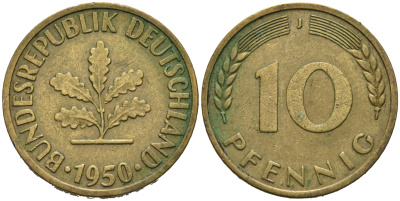 ФРГ 10 пфеннигов 1950 J KM 108, J.383 сталь плакированная латунью 4681-1114