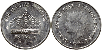 Швеция 1 крона 2005 Карл XVI Густав (1973- ) KM 894 медно-никель 93-932