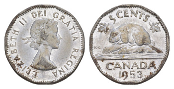 Канада 5 центов 1953 Елизавета II (1952-2022), бобр KM 50 хромированная сталь 4630-659