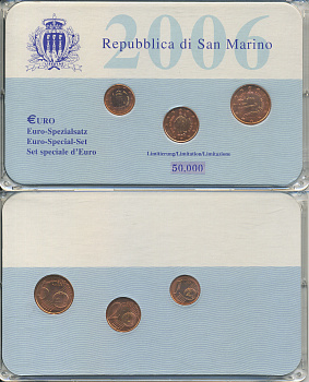Сан-Марино набор из 3 монет 2006 1, 2, 5 евроцентов в пластике, тираж 50000 экз. UNC 1-4-2-25