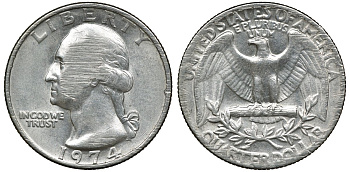 США 25 центов (квотер) 1974 Вашингтон KM 164a медь плакированная медно-никелем 72-537