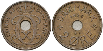 Дания 2 эре 1938 Кристиан X (1912-1947) KM 827 бронза 4147-533