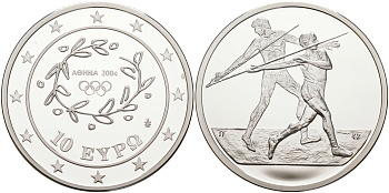 Греция 10 евро 2003 XXVIII летние Олимпийские игры 2004 года в Афинах, метание копья KM 193 серебро PROOF 1074-9-42