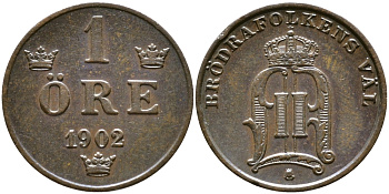 Швеция 1 эре 1902 Оскар II (1872-1907) король Швеции и Норвегии KM 750 бронза 176-866