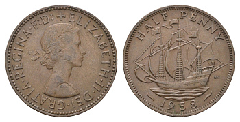 Великобритания 1/2 пенни 1958 Елизавета II (1952-2022) KM 896, Spink 4158 бронза 4662-1144
