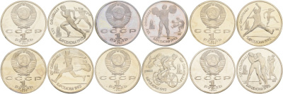 СССР набор из 6 монет по 1 рублю 1991 XXV летние Олимпийские игры в Барселоне 1992 года, в запайке KM 289, 290, 291, 299, 300, 302 медь цинк никель PROOF 01-234-11