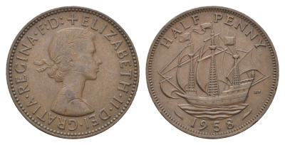 Великобритания 1/2 пенни 1958 Елизавета II (1952-2022) KM 896, Spink 4158 бронза 4662-1144