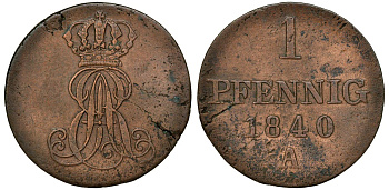 Ганновер 1 пфенниг 1840 A, Эрнст Август (1837-1851) KM 173.1, AKS 126, J. 54 медь 72-1018
